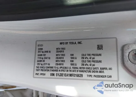 2021 Tesla Model 3 Standard Range Plus Rear-Wheel Drive from USA, damaged, VIN 5YJ3E1EA1MF016639